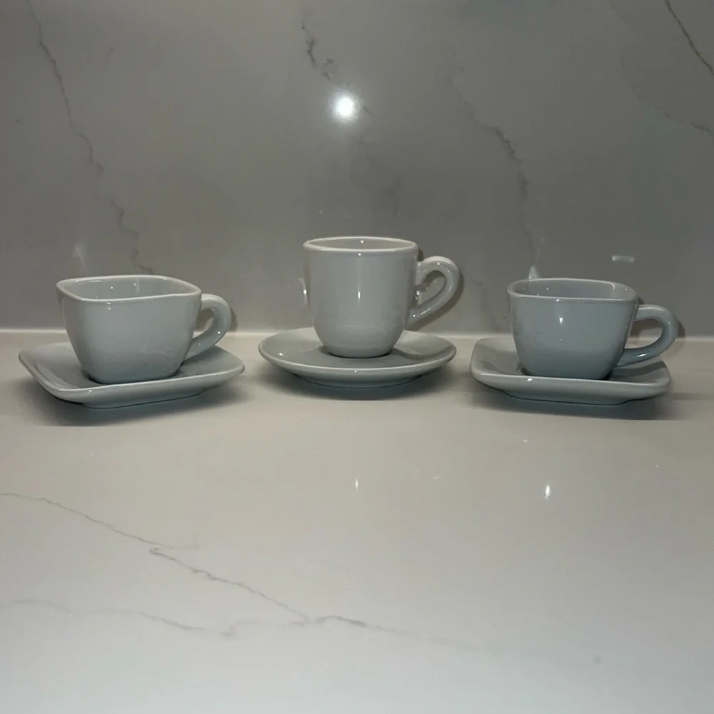 2 Crate & Barrel via Cordon Bleu Espresso Cups + Saucers & 1 round Portugal set